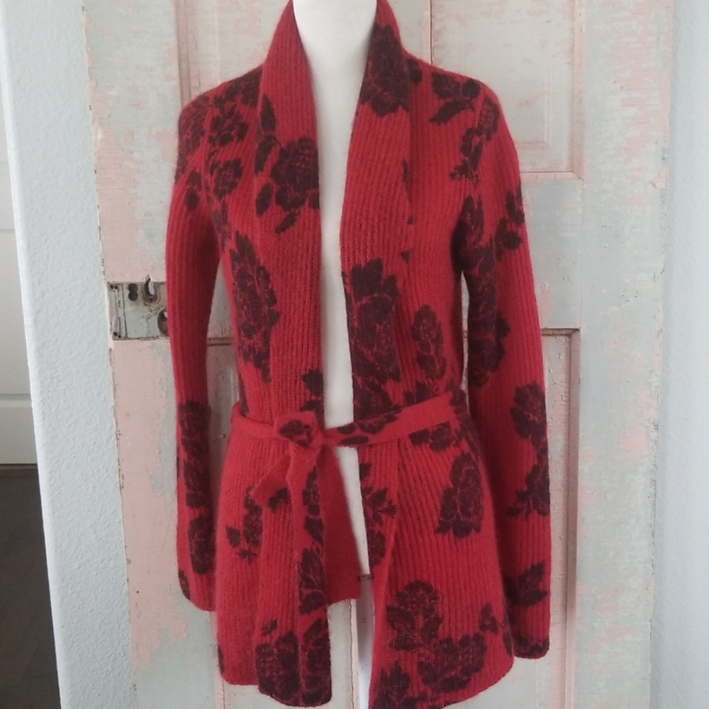 Lucky Brand Mohair Belted Floral Cardigan Sweater